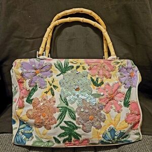 Sequin Floral Purse Bamboo wood looking handles